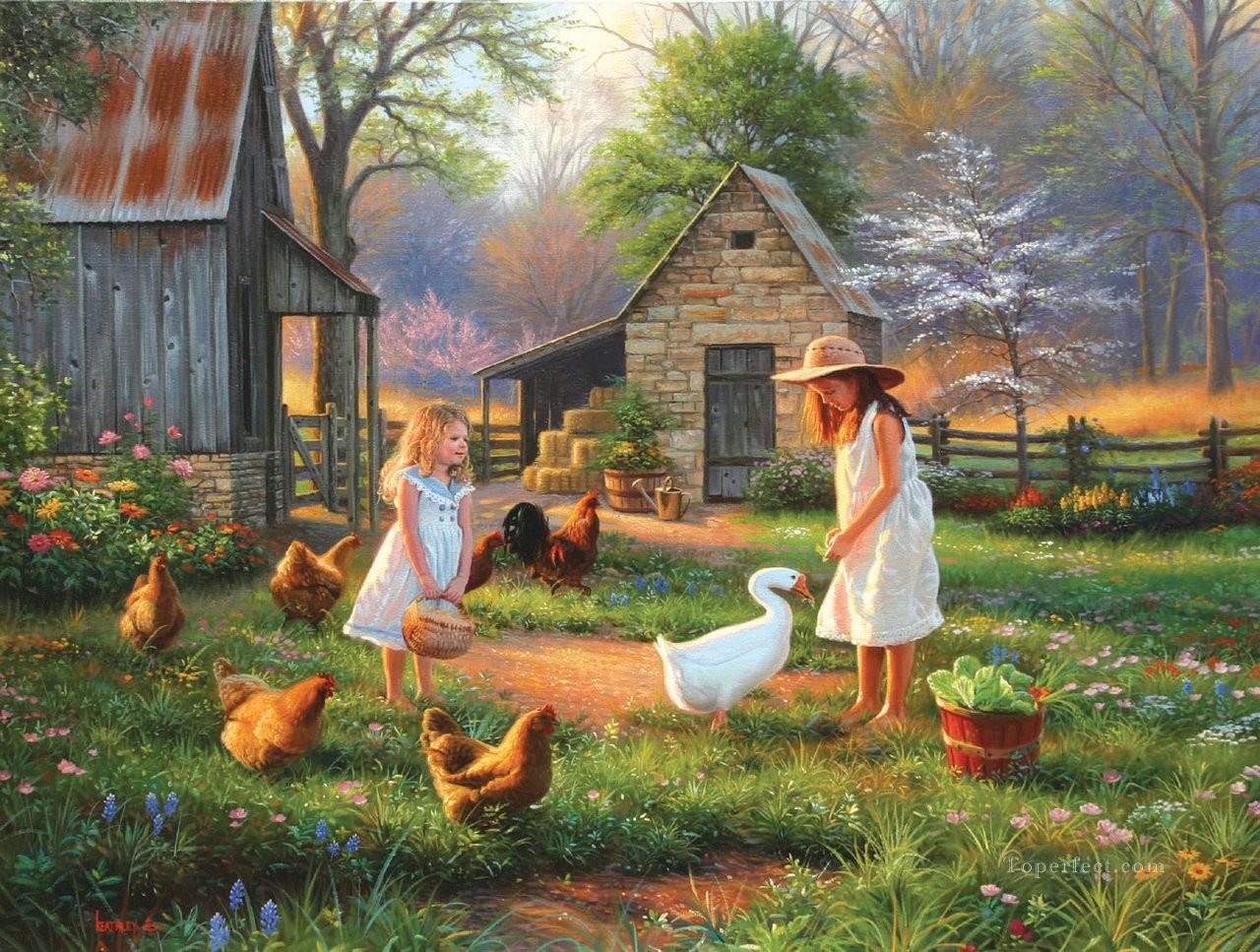 夕方にガチョウ鶏を持つ女の子 ペットの子供たち油絵